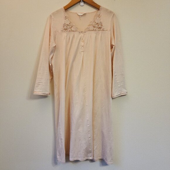 Hanro Nightgown Womens M Midi Lace Trim Square Neck 1/4 Button Cotton Blend